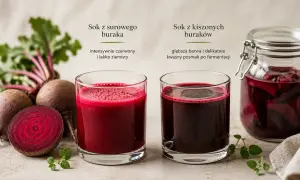 Dwa szklanki soku z buraka: surowego i kiszonego. Czy sok z buraka szkodzi na nerki? Zobacz różnice w kolorze i smaku.