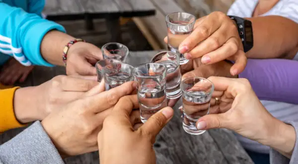 Grupa osób wznosi toast kieliszkami. Pamiętajmy, że alkohol obciąża nerki.