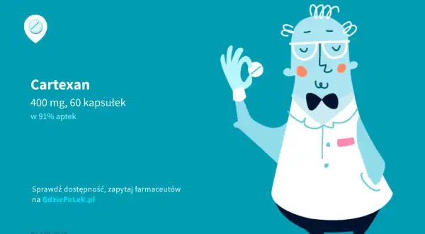 Ilustracja farmaceuty w okularach trzymającego kapsułkę Cartexan.