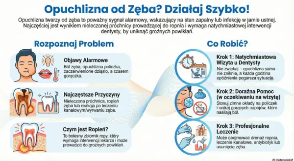 Opuchlizna od zęba to sygnał ropnia. Objawy: ból, gorączka. Przyczyny: próchnica. Leczenie: wizyta u dentysty, drenaż ropnia.