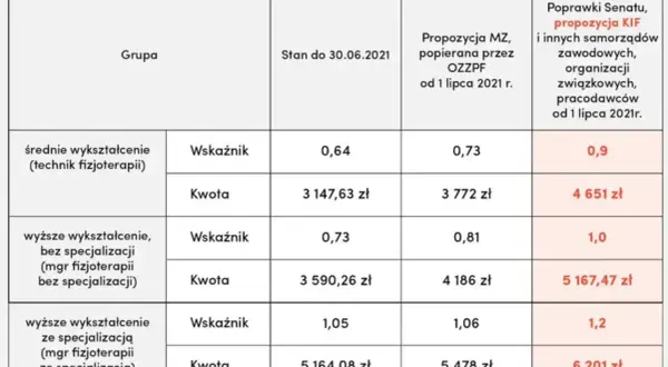 Tabela z danymi dotyczącymi stawek fizjoterapeutów w zależności od wykształcenia i propozycji zmian.