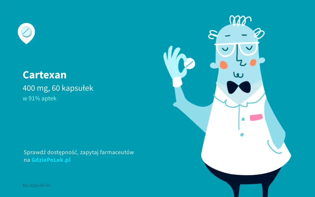 Ilustracja farmaceuty w okularach trzymającego kapsułkę Cartexan.