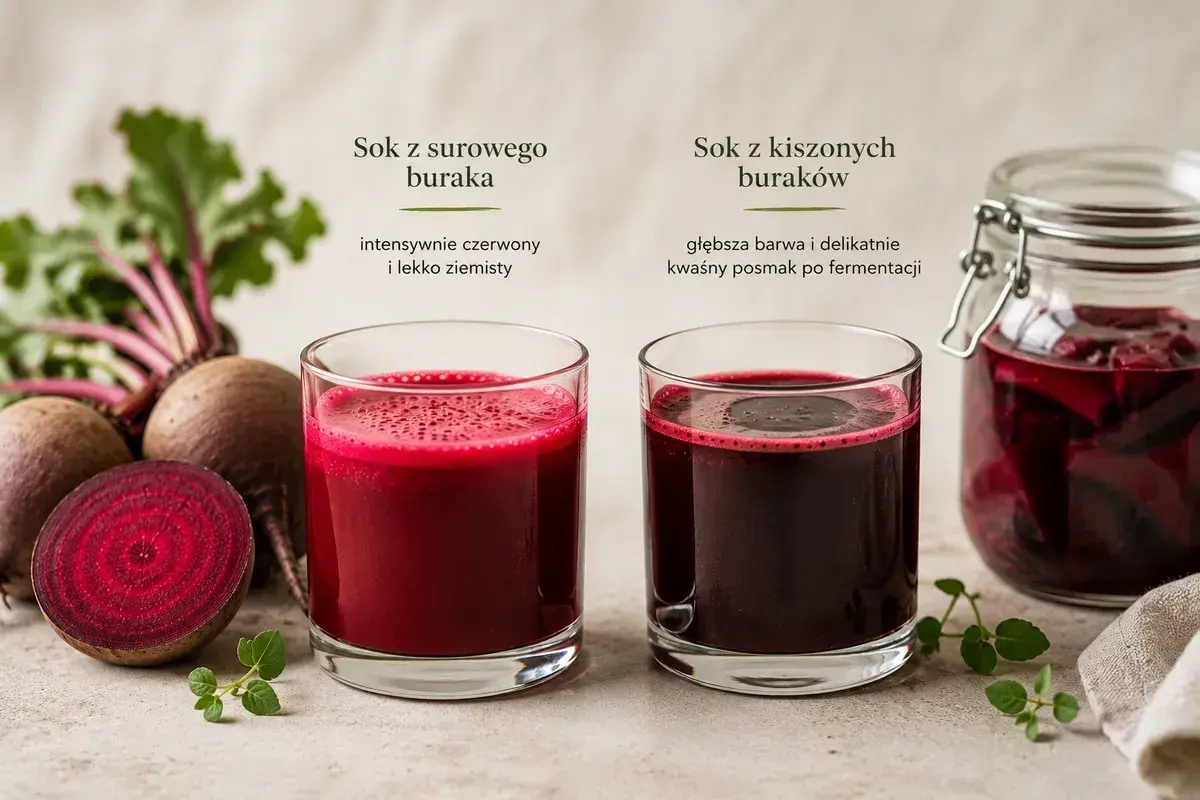 Dwa szklanki soku z buraka: surowego i kiszonego. Czy sok z buraka szkodzi na nerki? Zobacz różnice w kolorze i smaku.