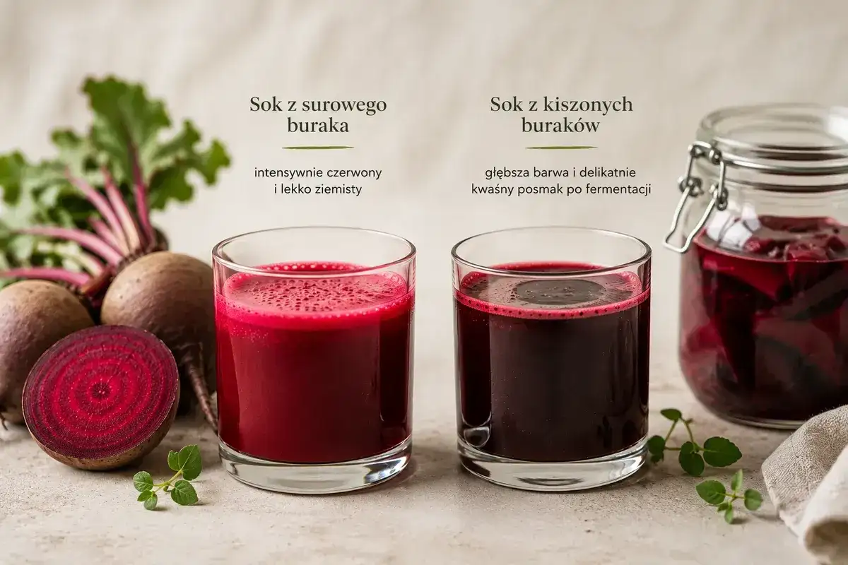 Dwa szklanki soku z buraka: surowego i kiszonego. Czy sok z buraka szkodzi na nerki? Zobacz różnice w kolorze i smaku.