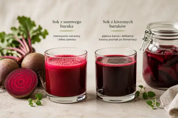Dwa szklanki soku z buraka: surowego i kiszonego. Czy sok z buraka szkodzi na nerki? Zobacz różnice w kolorze i smaku.